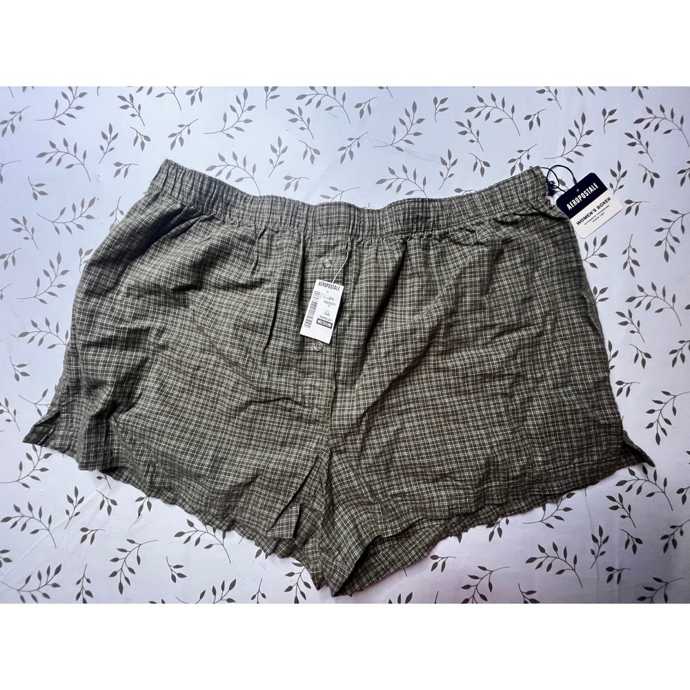 Aeropostale Women Boxer Shorts Parsley Green Plaid Grid Lounge Med. NWT 90s Y2K